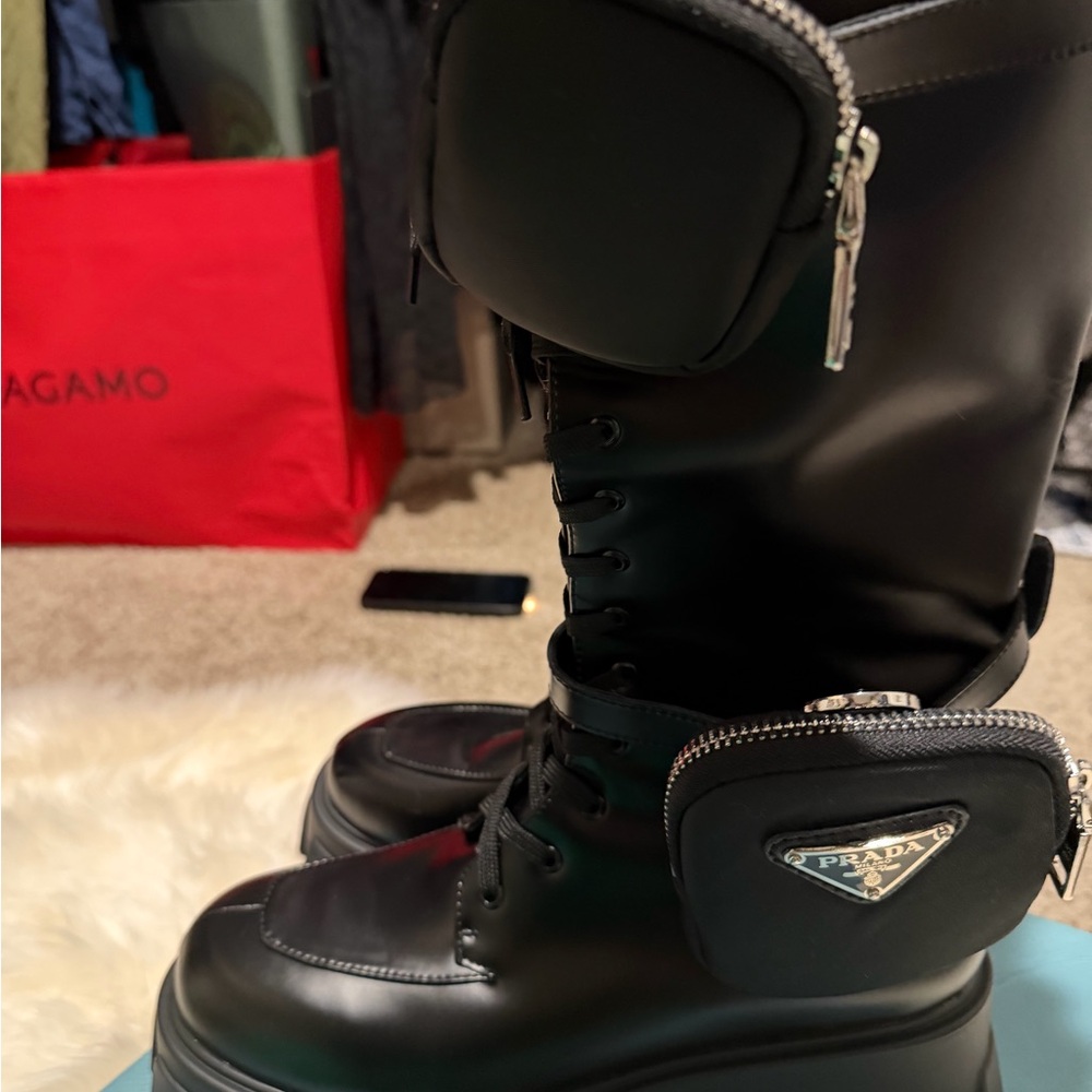 Black High-Top Boots with Side Pouch - Picture 2 of 8